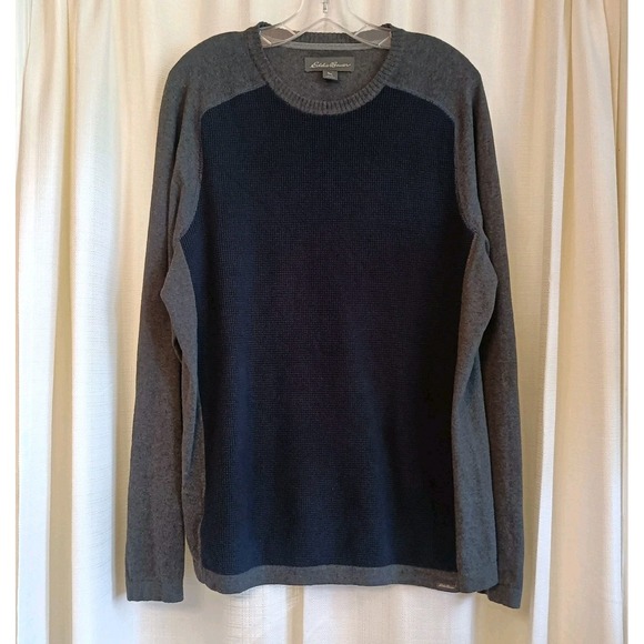 Eddie Bauer Men's Size L Merino Wool Navy Gray Crew Neck Sweater Waffle Front - Picture 1 of 7